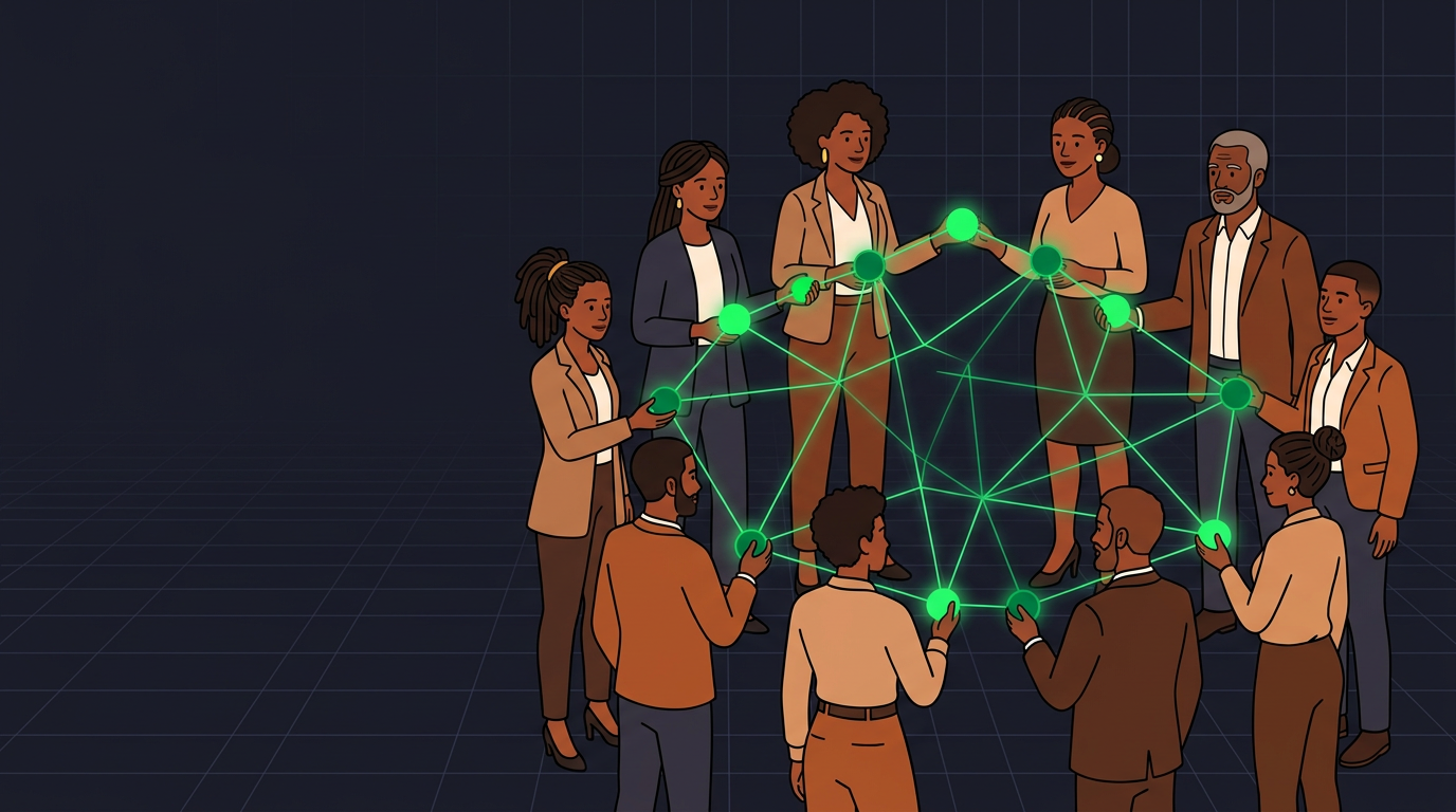 A diverse community connected by a glowing network — representing the GIS in action